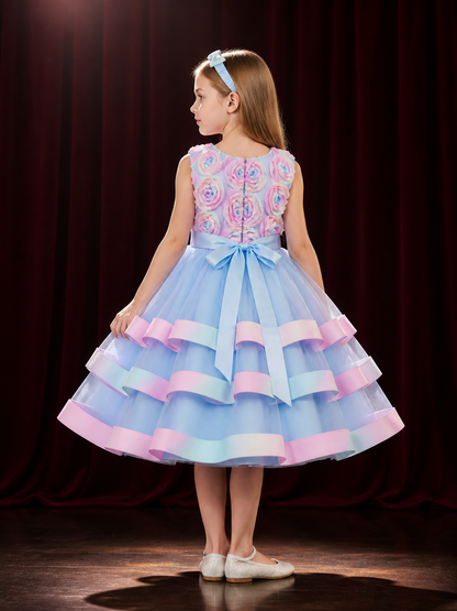 Girls' Multicolor Princess Dress with Layered Cake Skirt and Rose Detail back view