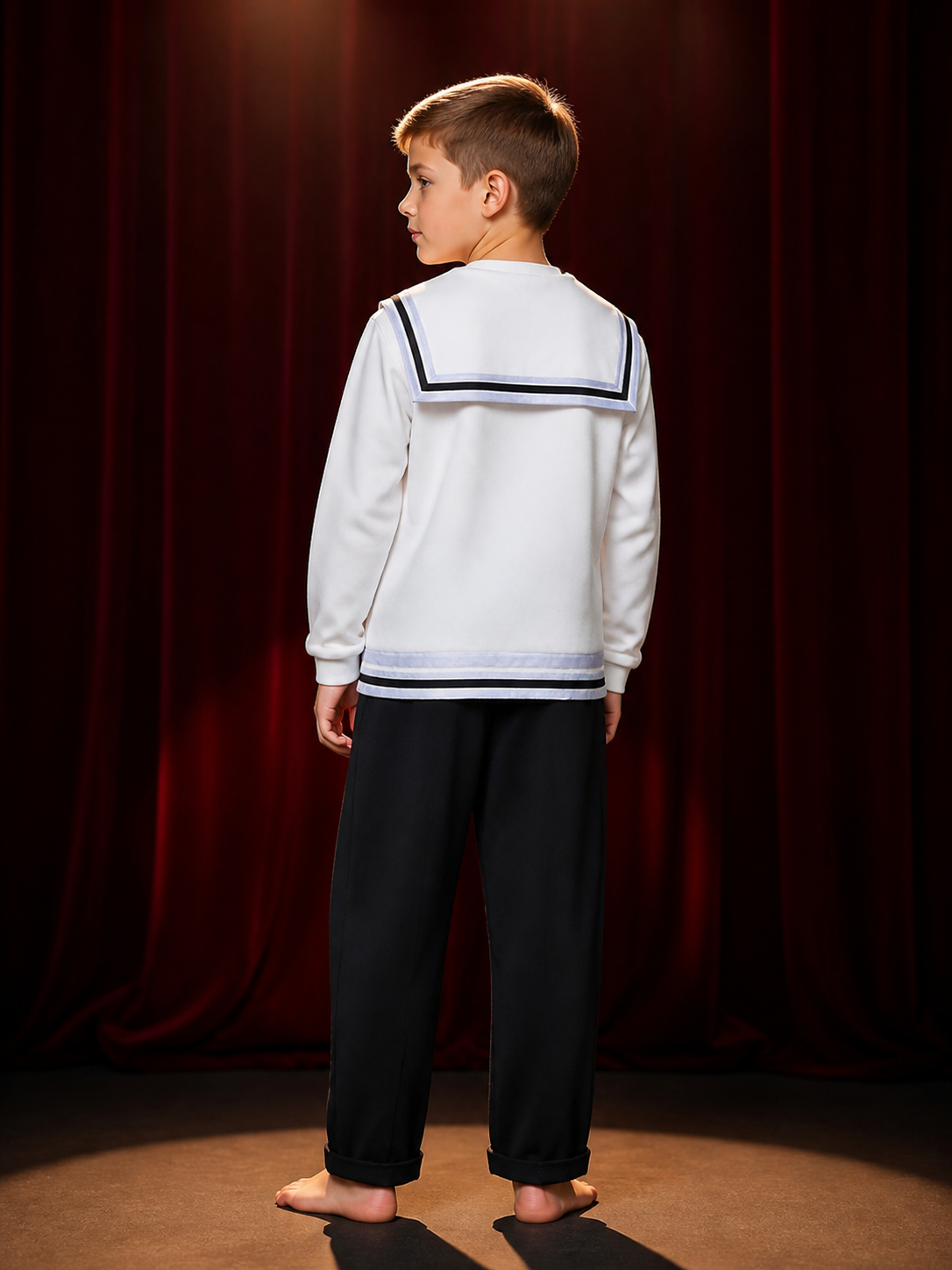 Wizard School Costume Set for Kids, White Sailor Collar Long Sleeve Top & Black back view