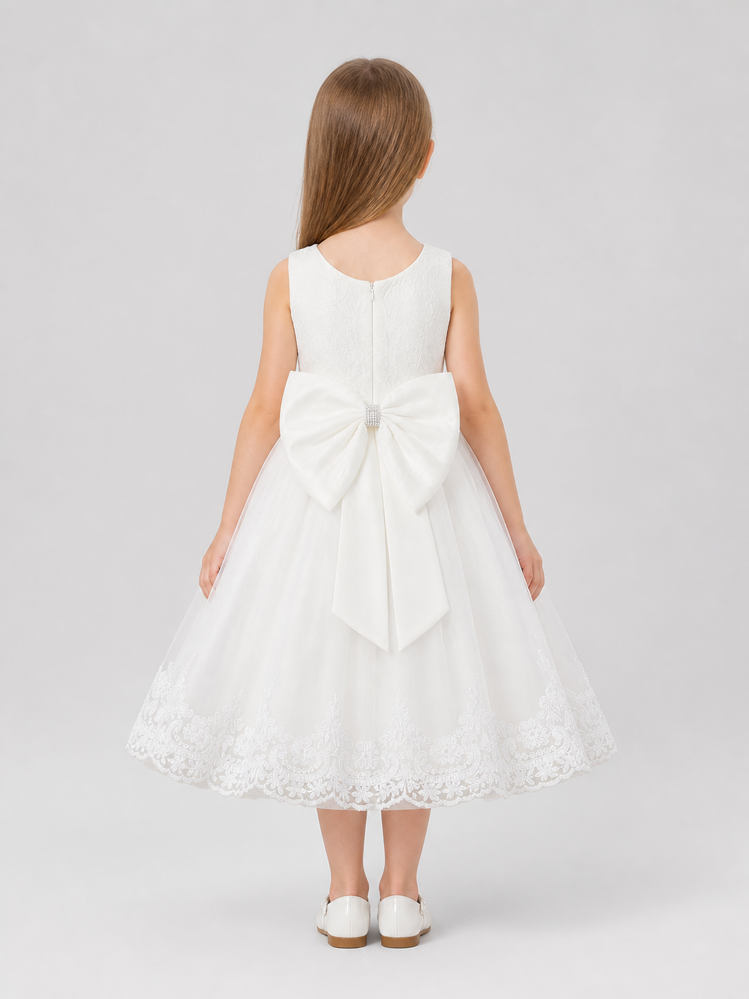 White Lace Princess Dress for Girls with a Bow back view