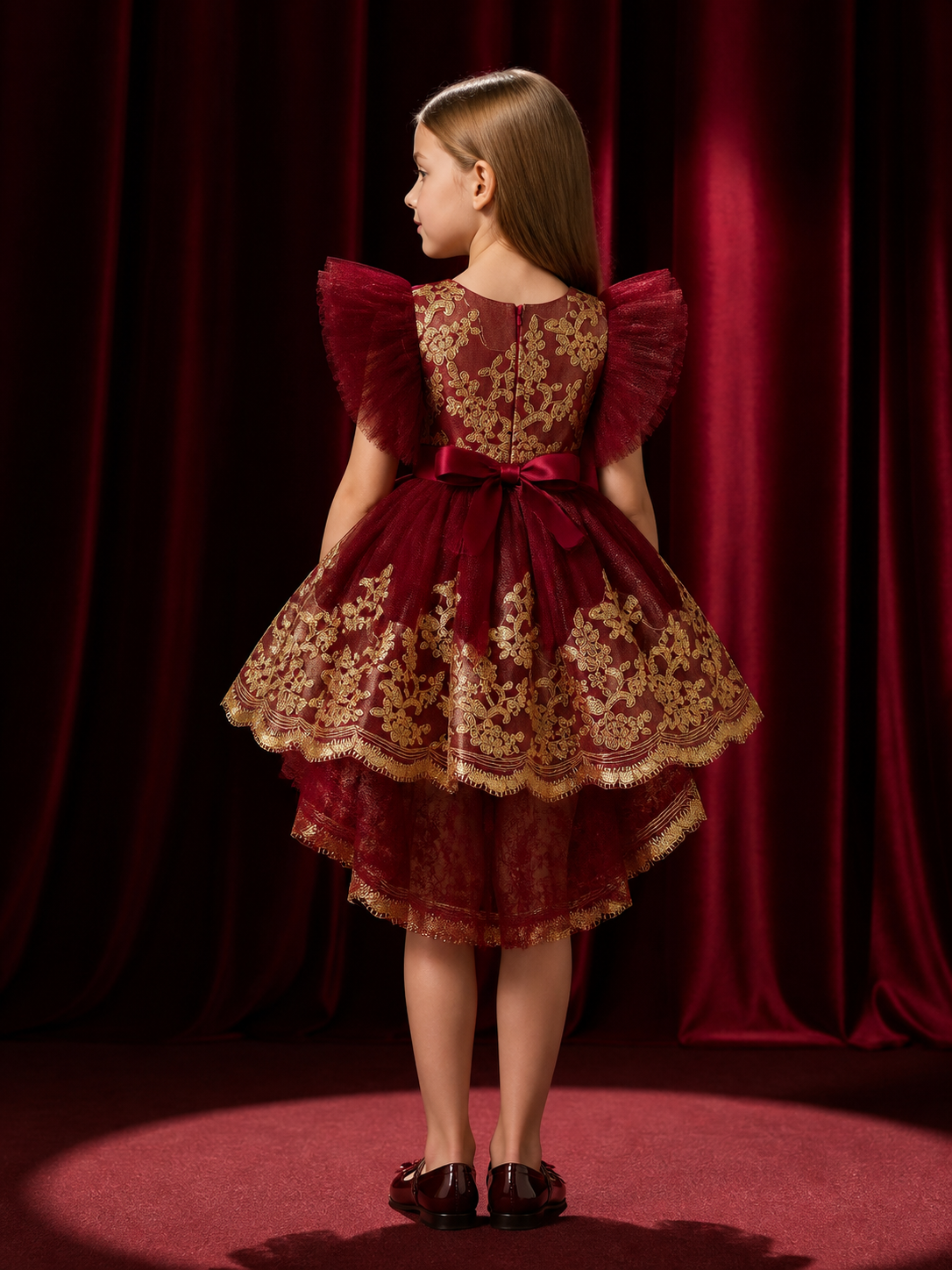 Girls' Toddler Princess Formal Dress with Gold Embroidery, Flutter Sleeves and back view
