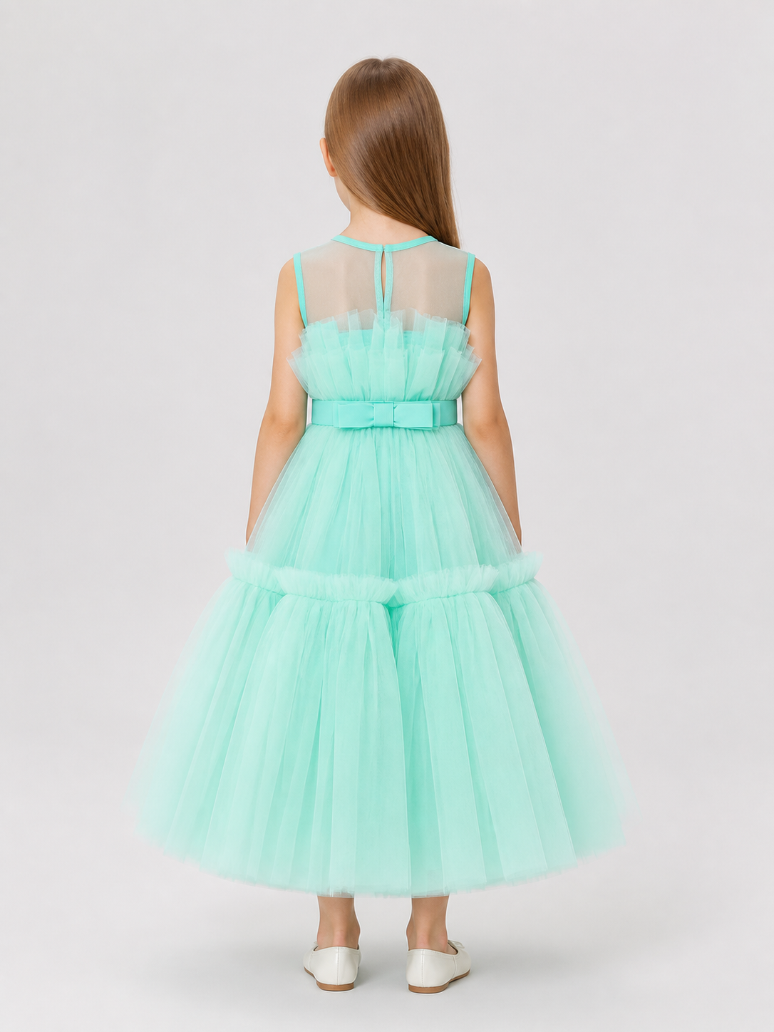 Mint Green Girls' Dress with Full Skirt and Bow back view