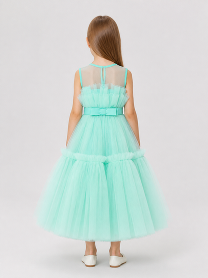 Mint Green Girls' Dress with Full Skirt and Bow back view