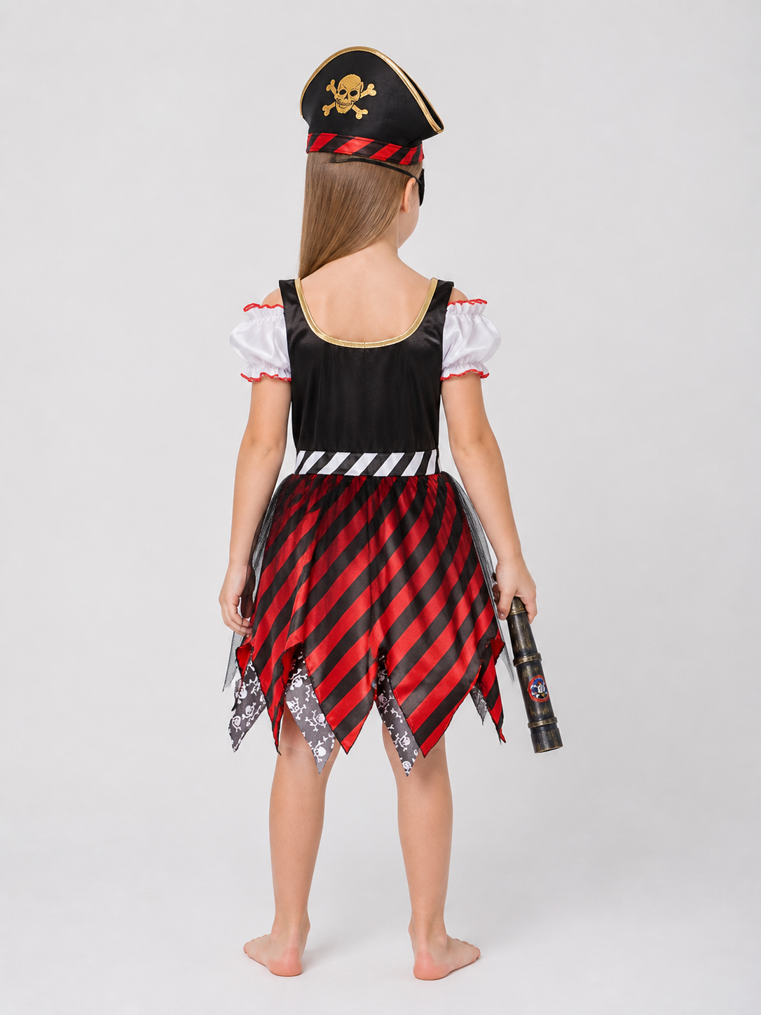 Children’s Pirate Costume: Skull Dress, Hat, and Eye Patch back view