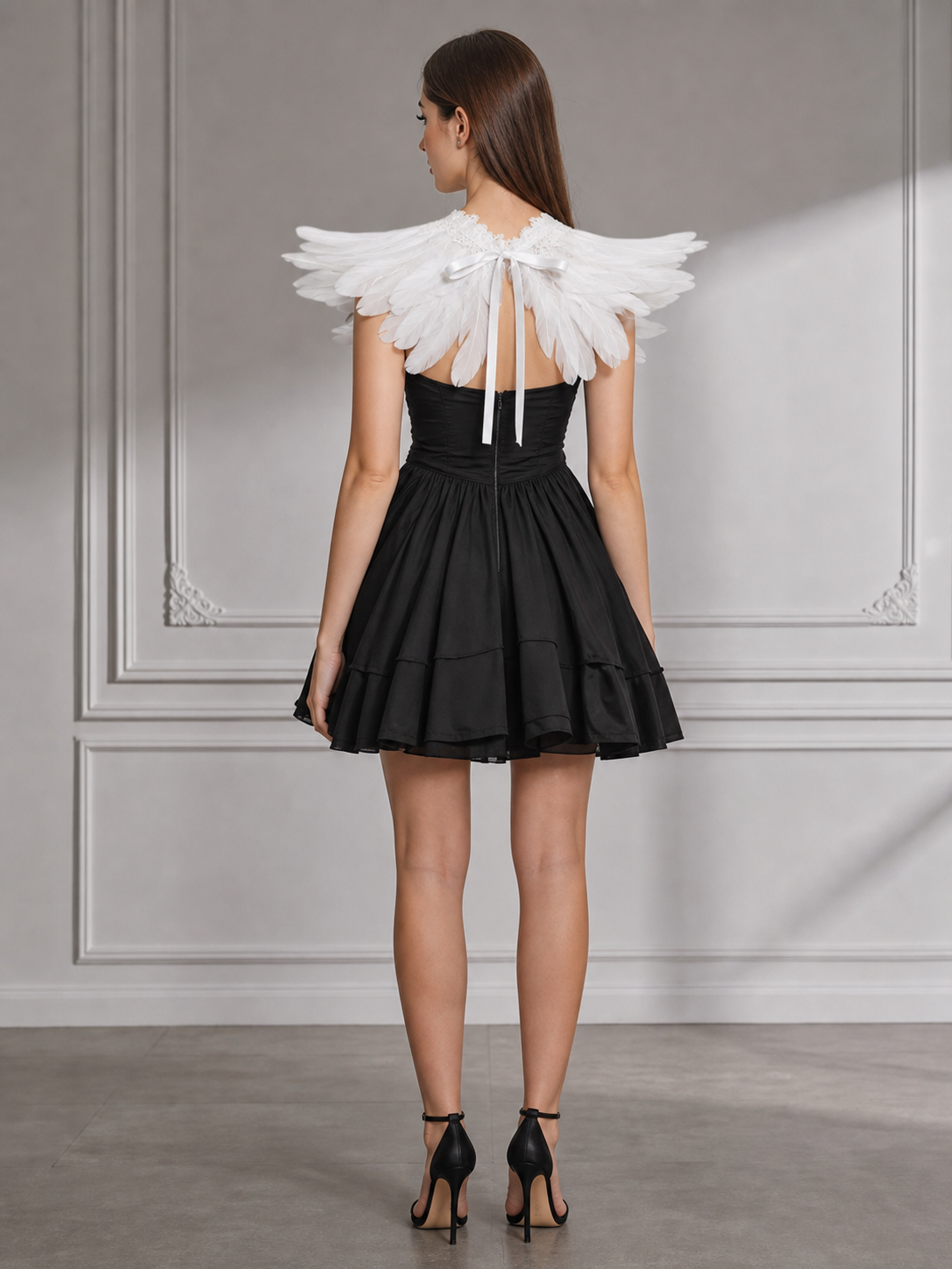 White Feather Lace Cape Halloween Costume Cape with Lace Collar Front Center Tie and Feather Shoulder Silhouette for Cosplay Role Play Theme Party