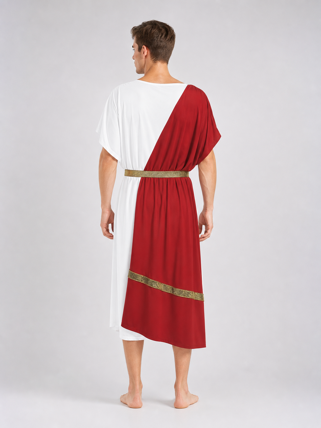 Men's Ancient Greek Costume, Red And White Draped Tunic With Gold Belt And Laurel Headpiece For Cosplay, Stage Events