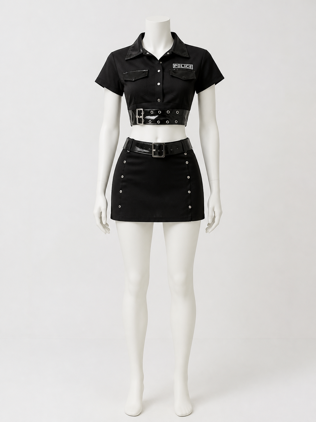 Women's Police Officer Costume Set, Black Crop Top with Skirt, Sexy Halloween back view