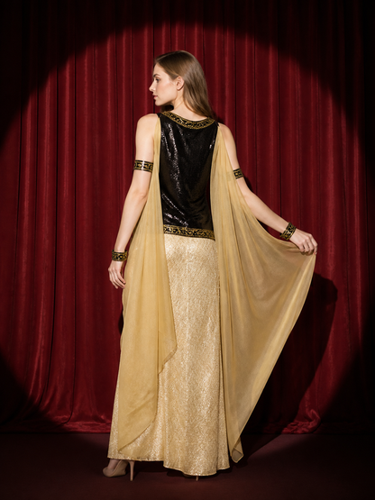 Cleopatra Costume, Black Sequined Top With Gold Long Skirt And Flowing Cape back view
