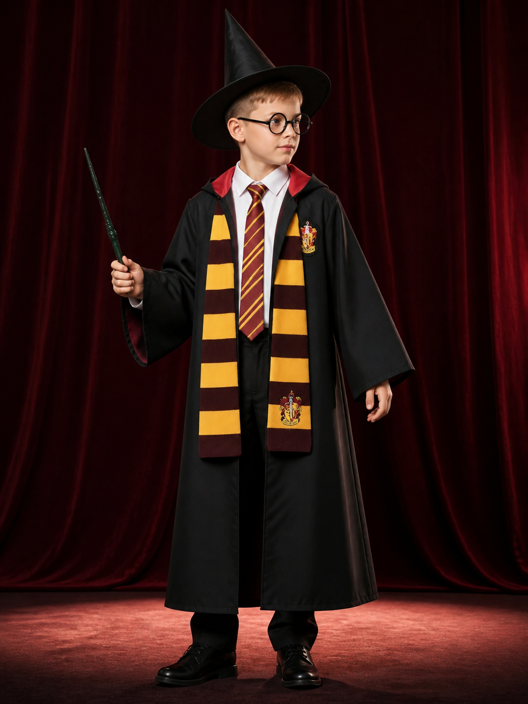 Wizard Costume Set With Hooded Robe, Shirt, Trousers, Tie, Scarf, Hat, Glasses & back view