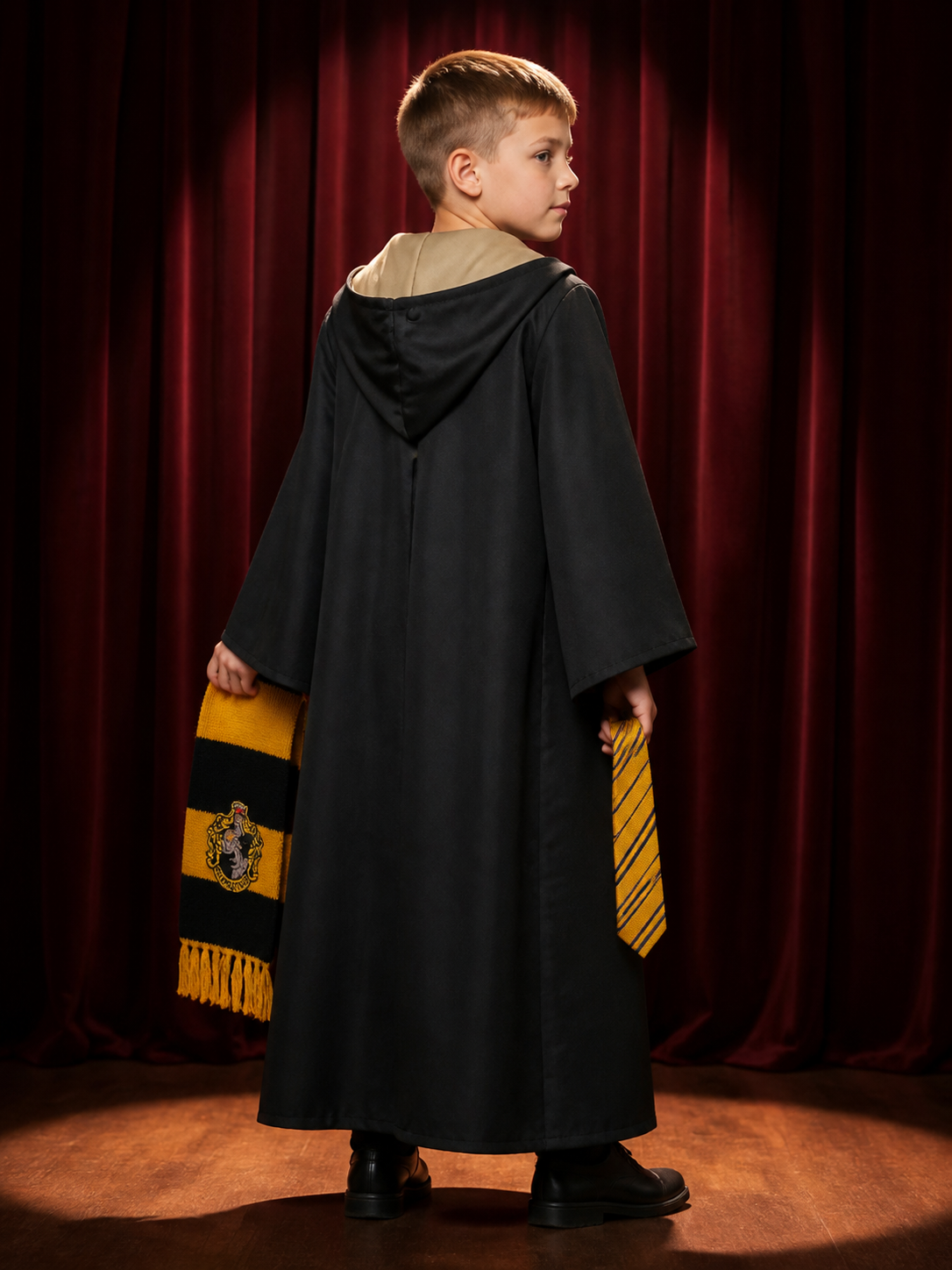 Hufflepuff Wizard Robe Costume Set With Scarf And Tie, Black And Gold Halloween back view