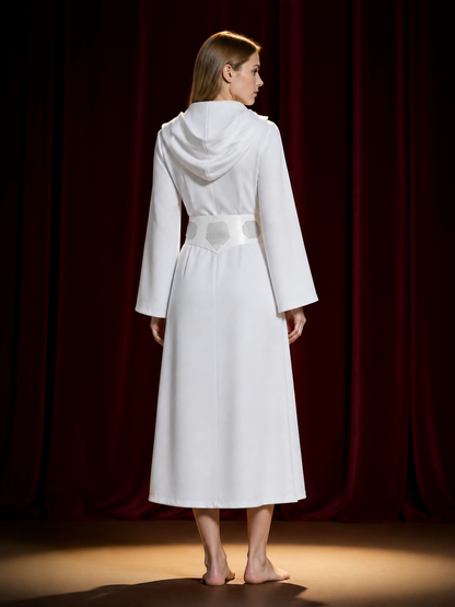 Women's White Princess Cosplay Dress, High Neck Long Sleeve A-Line with Belt back view