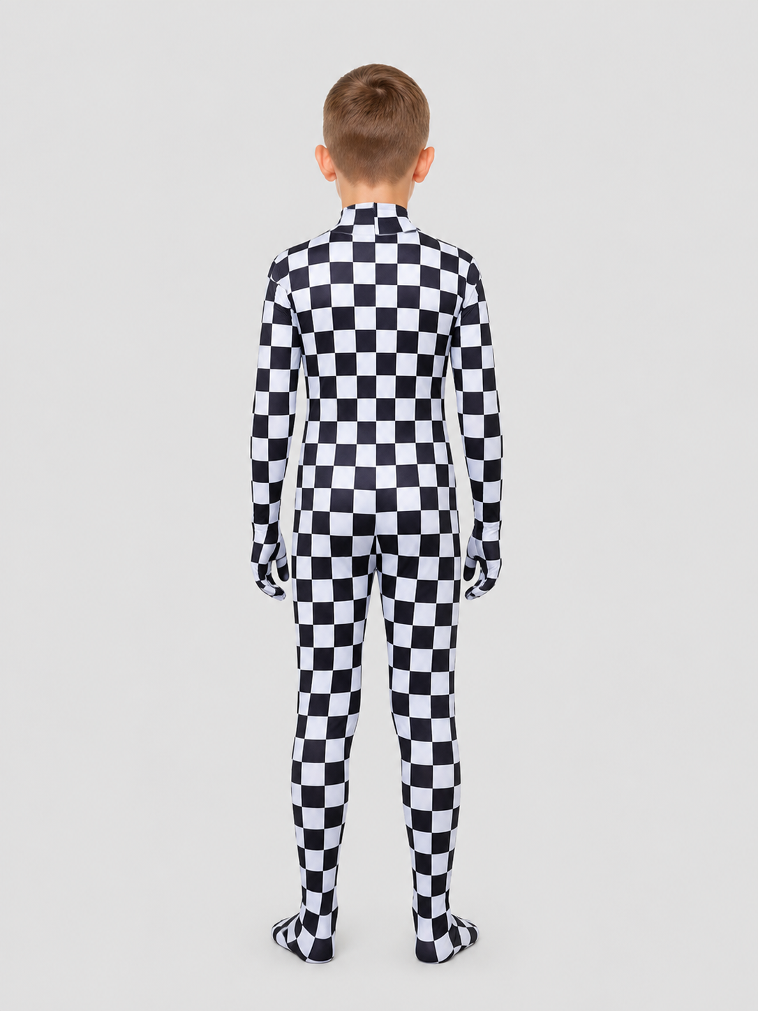 Hooded Jumpsuit with Covered Feet, Checkered Pattern back view