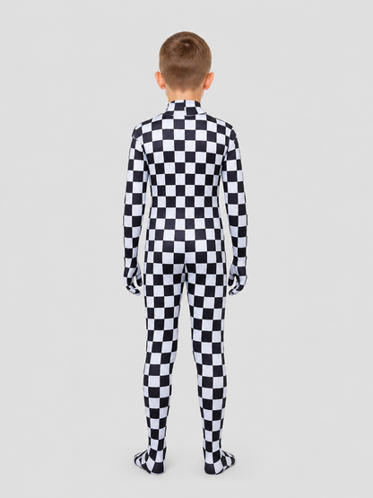 Hooded Jumpsuit with Covered Feet, Checkered Pattern back view