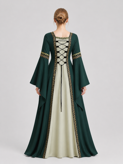 Long Medieval-Style Dress with Flared Sleeves back view