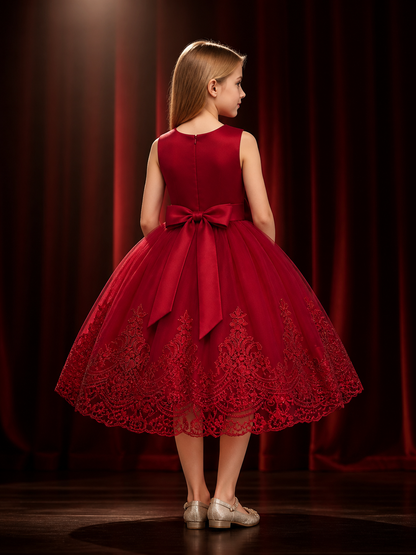 Girls' Burgundy Princess Dress with Lace Train, Layered Tulle Skirt and Waist back view