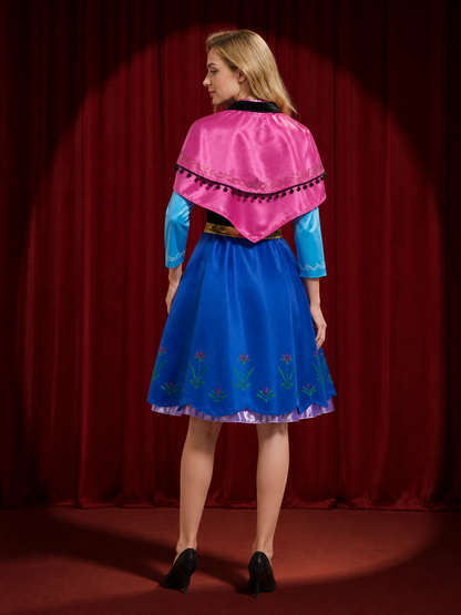 Anna Style Princess Costume Dress, Blue Floral Print Cape Gown with Gold Belt back view