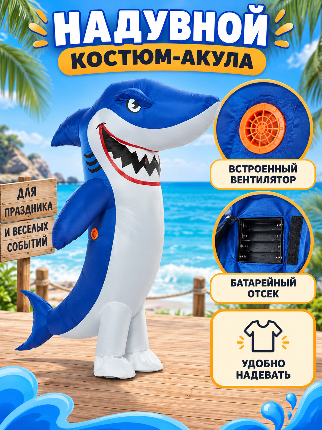 Inflatable shark costume blue with white belly and fins