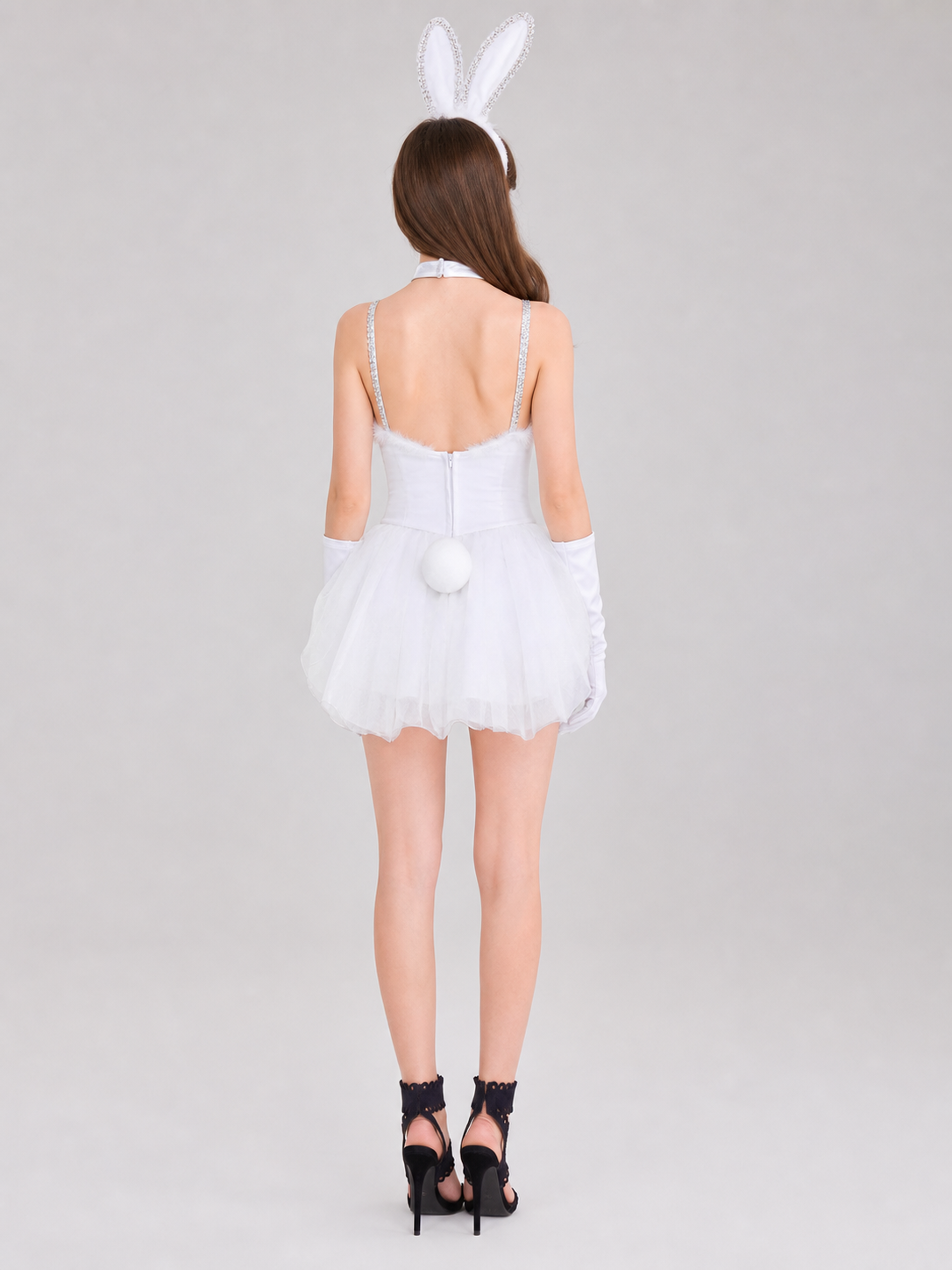 White One-Piece Rabbit Costume with Ears and Trim back view