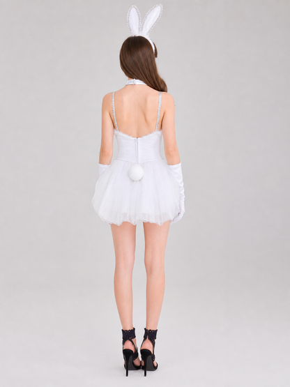 White One-Piece Rabbit Costume with Ears and Trim back view