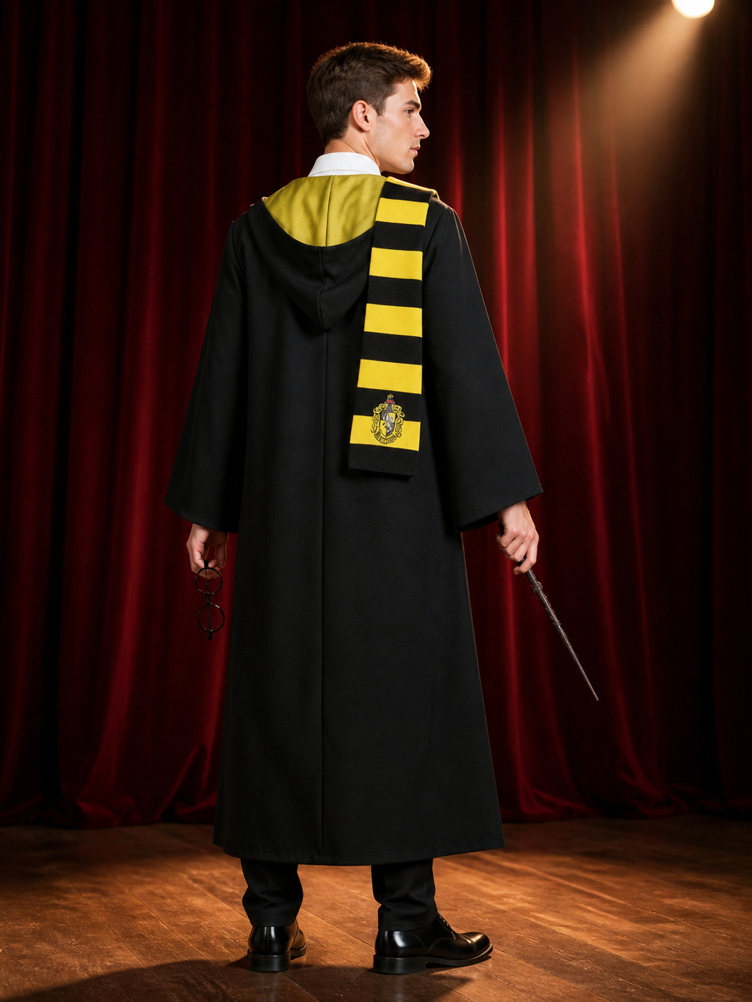 Black Long Hooded Wizard Robe Costume Set with Black and Yellow Striped Scarf back view