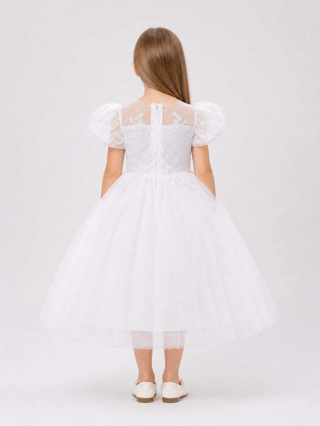 Princess Flower Girl Dress with Puff Sleeves for Weddings back view