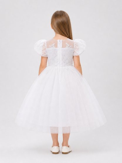 Princess Flower Girl Dress with Puff Sleeves for Weddings back view