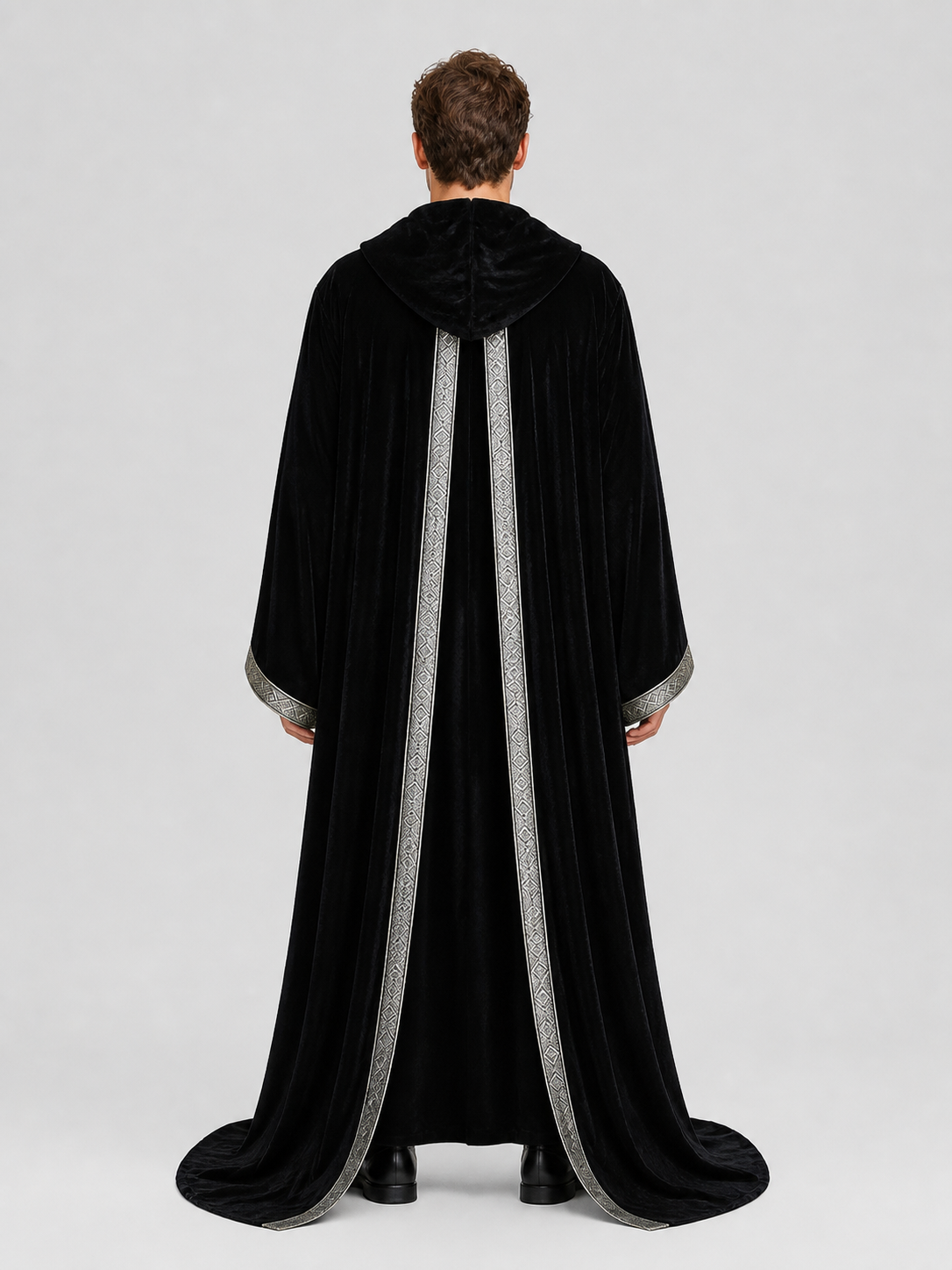 Gothic Black Hooded Cloak Cape with Ornament back view