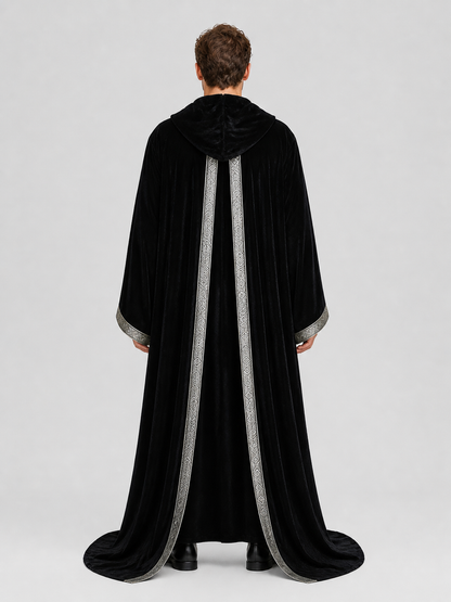 Gothic Black Hooded Cloak Cape with Ornament back view