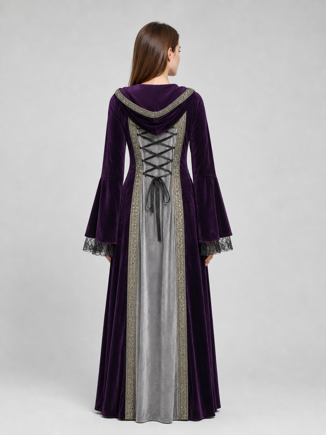The dress is designed in a Gothic medieval style and features a costume design in deep purple with silver-gray and black accents. The design includes an attached pointed hood, flared bell sleeves, and a flowing skirt. The front of the bodic