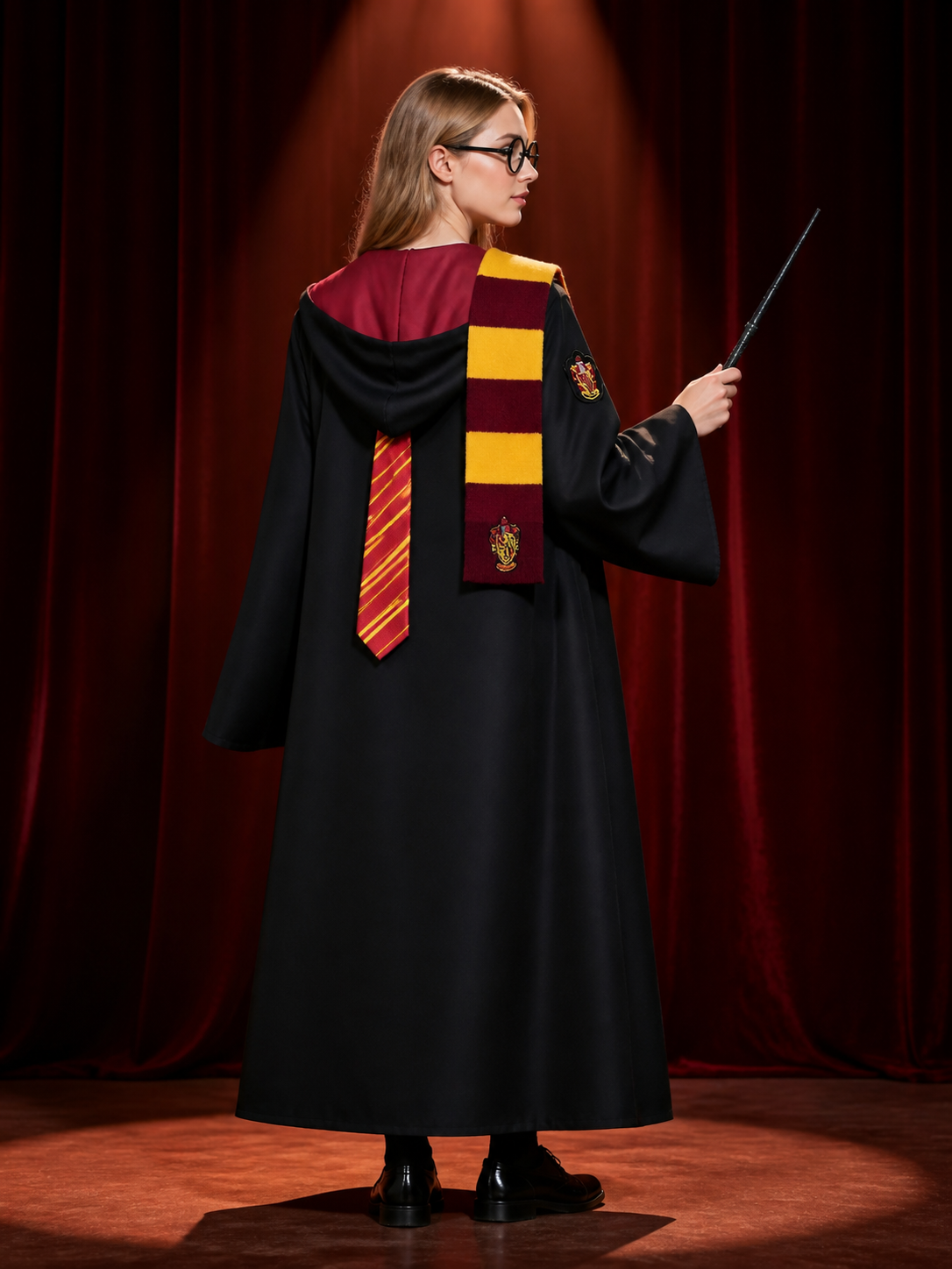 Gryffindor Hooded Wizard Costume Set - Complete Outfit with Accessories back view