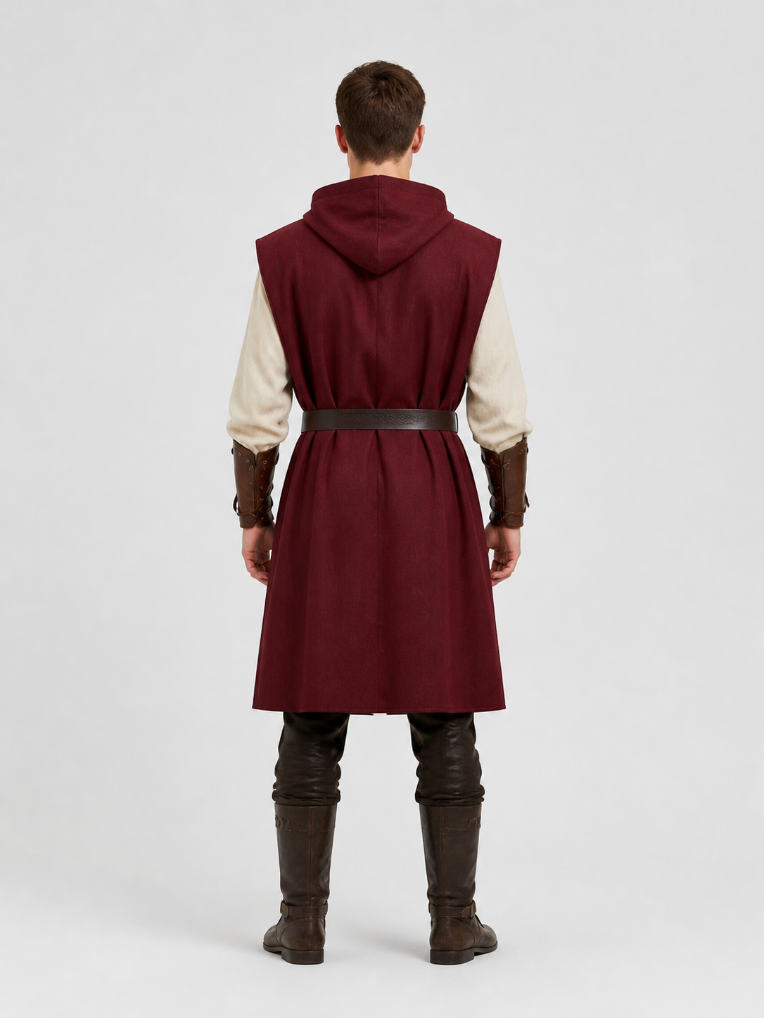 Adult Medieval Fantasy Hooded Cape, Wine Red Sleeveless Long Split-Hem Cloak back view 5