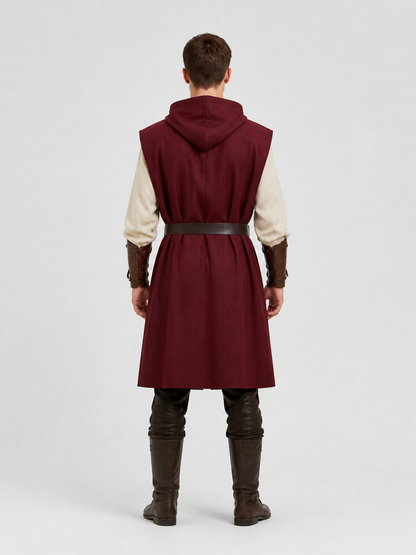 Adult Medieval Fantasy Hooded Cape, Wine Red Sleeveless Long Split-Hem Cloak back view 5