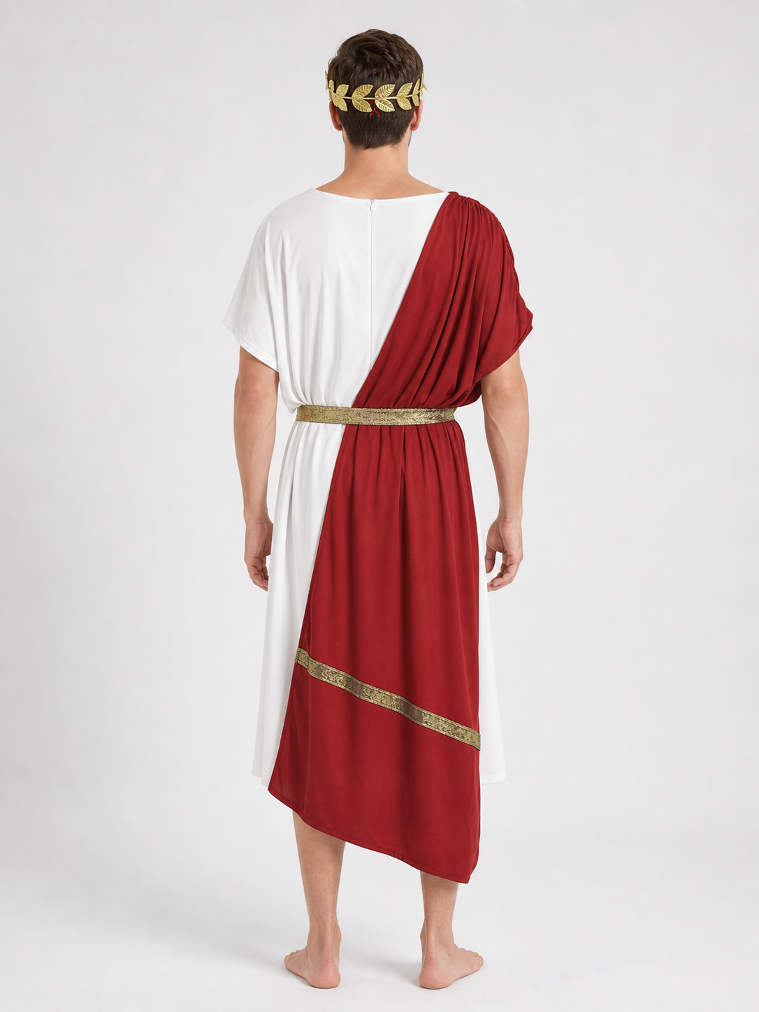 Men's Ancient Greek Costume, Red And White Draped Tunic With Gold Belt And Laurel Headpiece For Cosplay, Stage Events