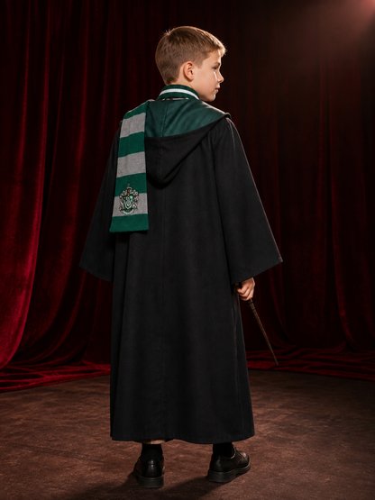 Children's Hooded Wizard Robe Costume Set with Striped Tie and Scarf back view