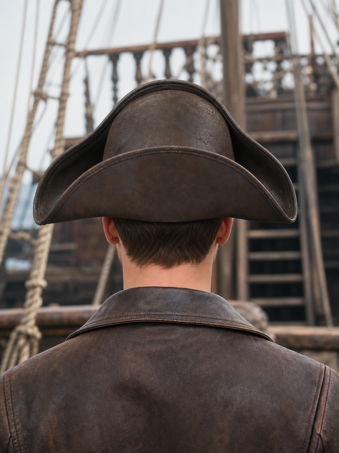Dark Brown Tricorn Pirate Hat, Three-Cornered Structured Crown with Broad Curved Upturned Brim and Stitched Edging for Cosplay Costumes, Theatrical Performances and Fantasy Events
