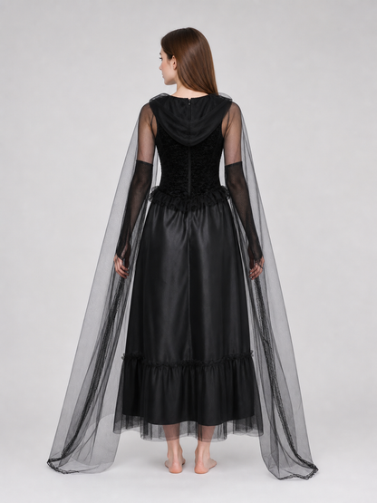 Gothic Carnival Dress with Hooded Cape