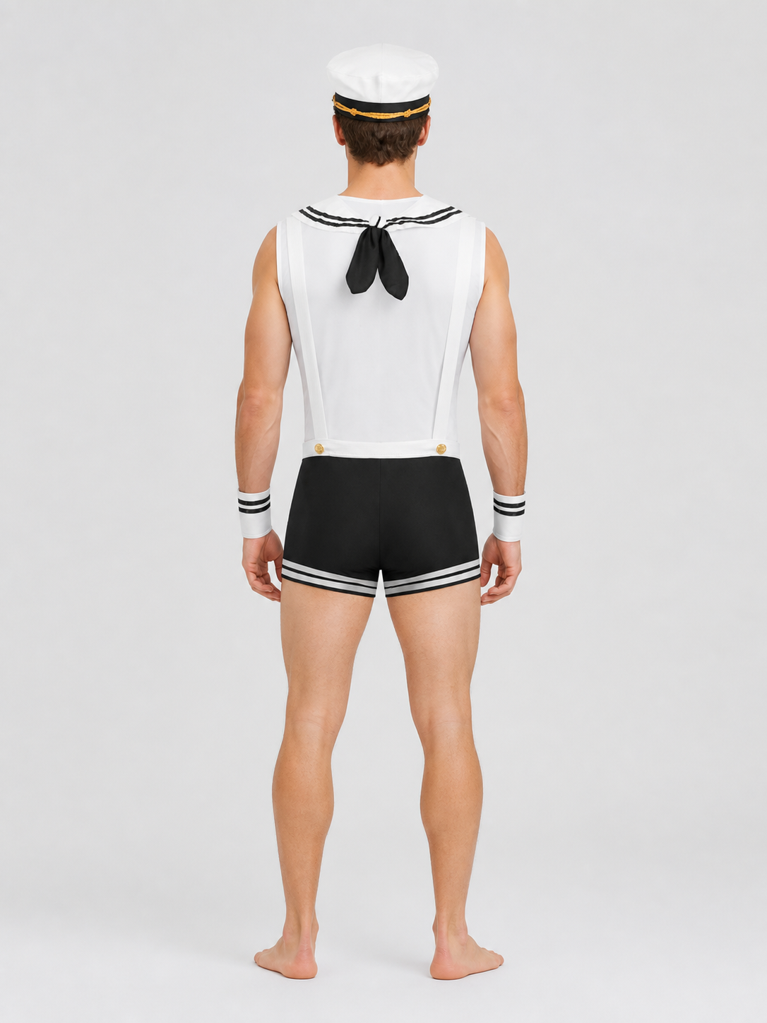 Sailor Costume: White Top, Black Shorts, Sailor Cap back view