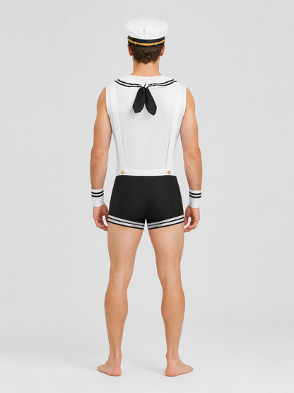 Sailor Costume: White Top, Black Shorts, Sailor Cap back view