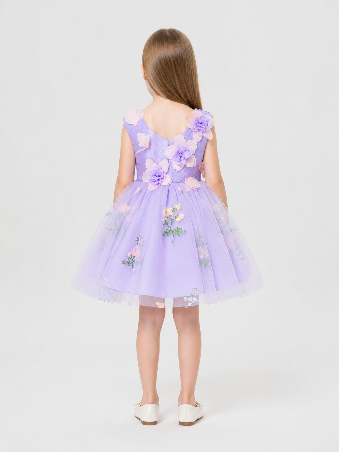 Full-Skirt Dress with Floral Embroidery and Butterflies back view