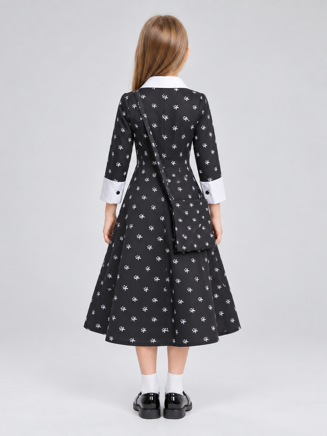 Children's Black Costume Dress with Collar and Bag back view