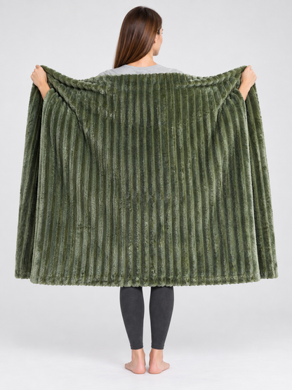 Dark Green Flannel Throw Blanket with Raised Waves