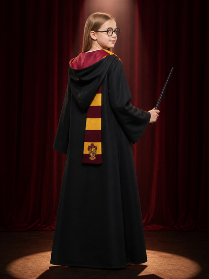 Red and Gold Striped Wizard Robe Costume Set with Hood, Tie, Scarf, Glasses & back view