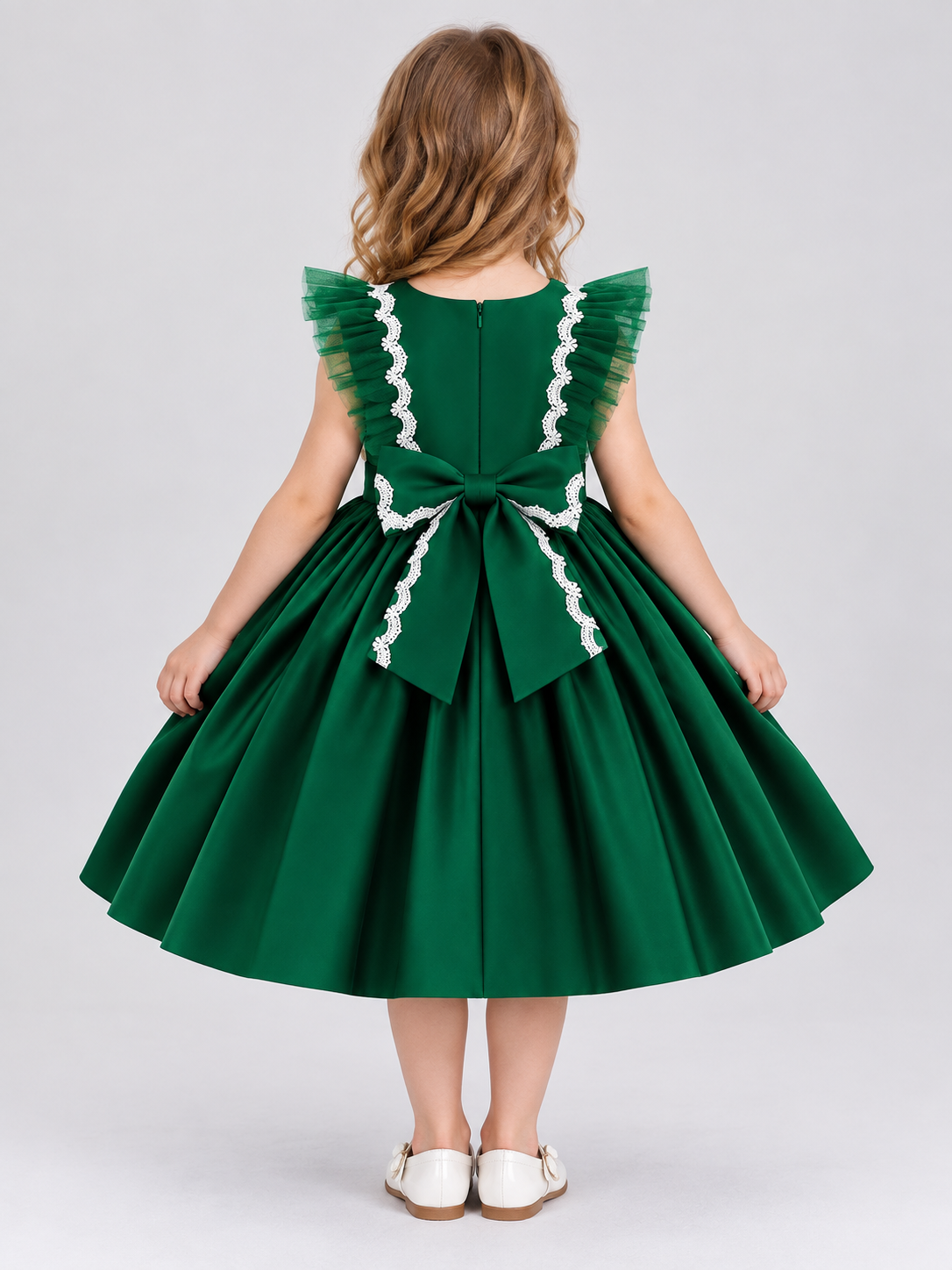 Dark Green Children's Holiday Dress with Lace and Bow