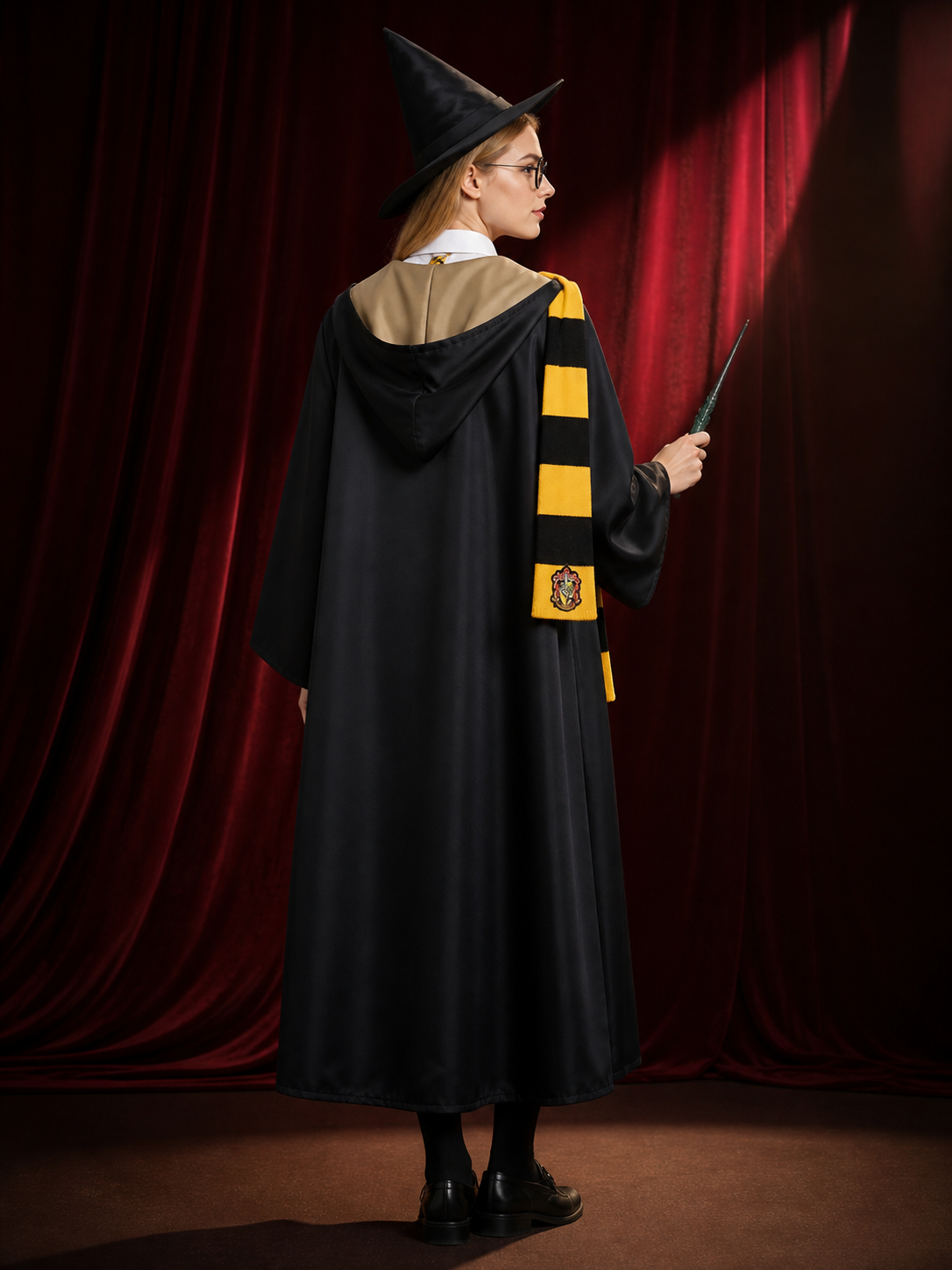 Black and Gold Wizard Costume Set with Hooded Robe, Shirt, Tie, Scarf, Glasses back view