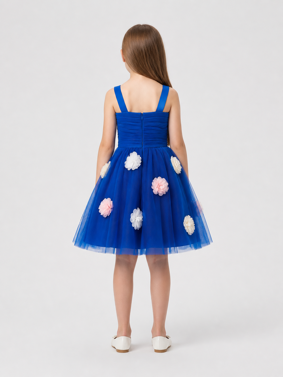 Girls' Formal Dress with a Full Skirt and Flowers back view