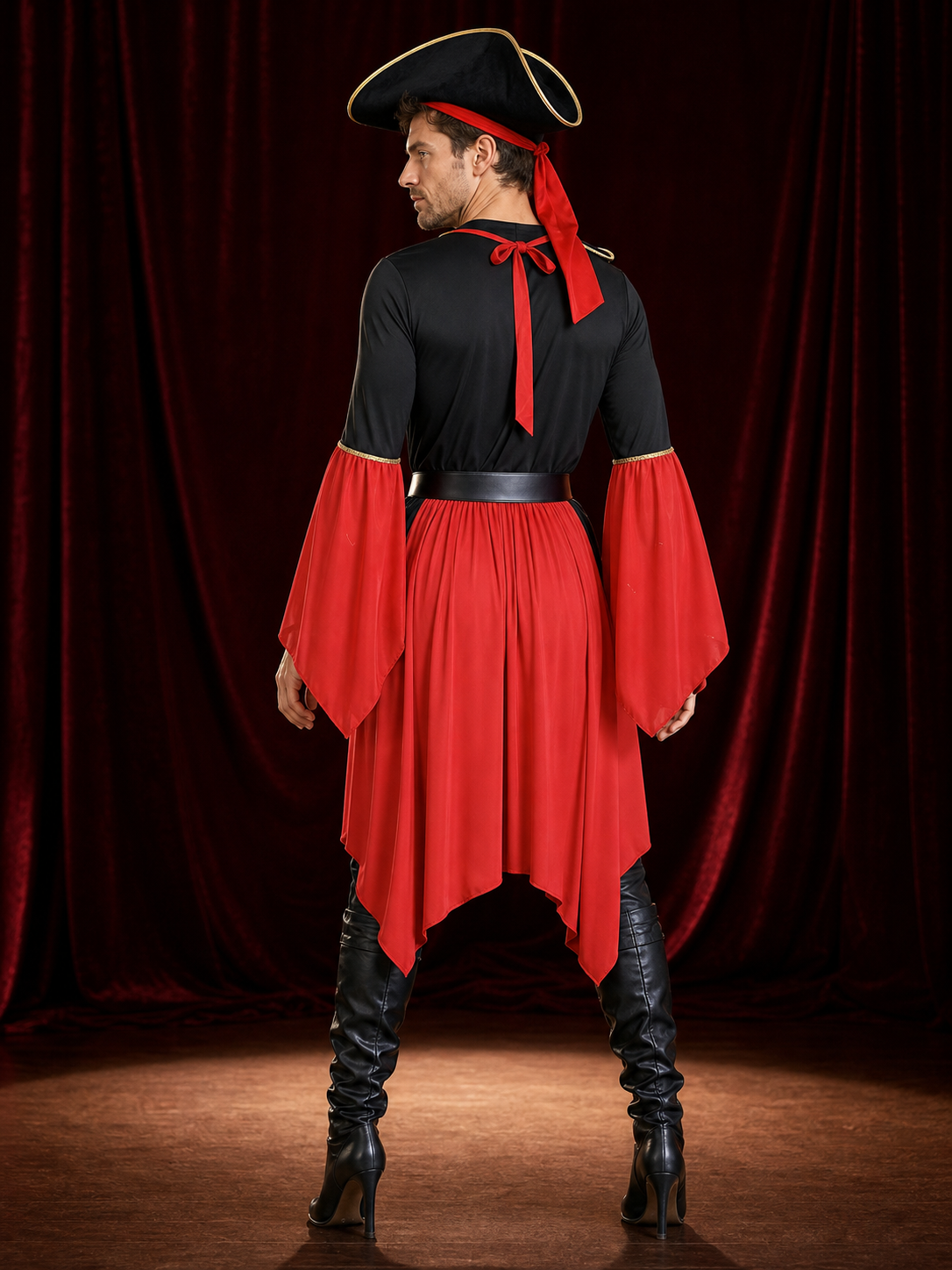 Adult Pirate Costume Set, Long-Sleeve Dress With Hat and Belt, Halloween Outfit back view