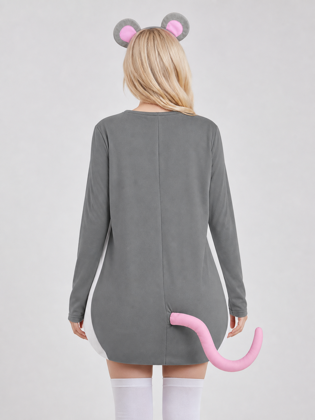Adult Gray Mouse Costume Set with White Belly, Pink Tail and Mouse-Ear Headband for Costume Parties, Cosplay and Themed Events