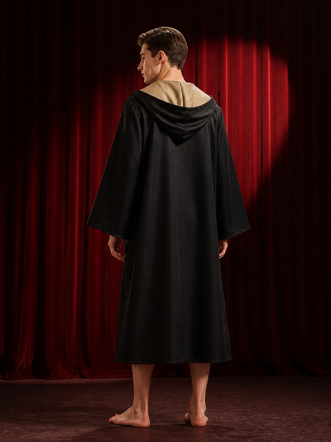 Black Hooded Wizard Robe Costume With Academy Crest, Long Sleeve Halloween back view