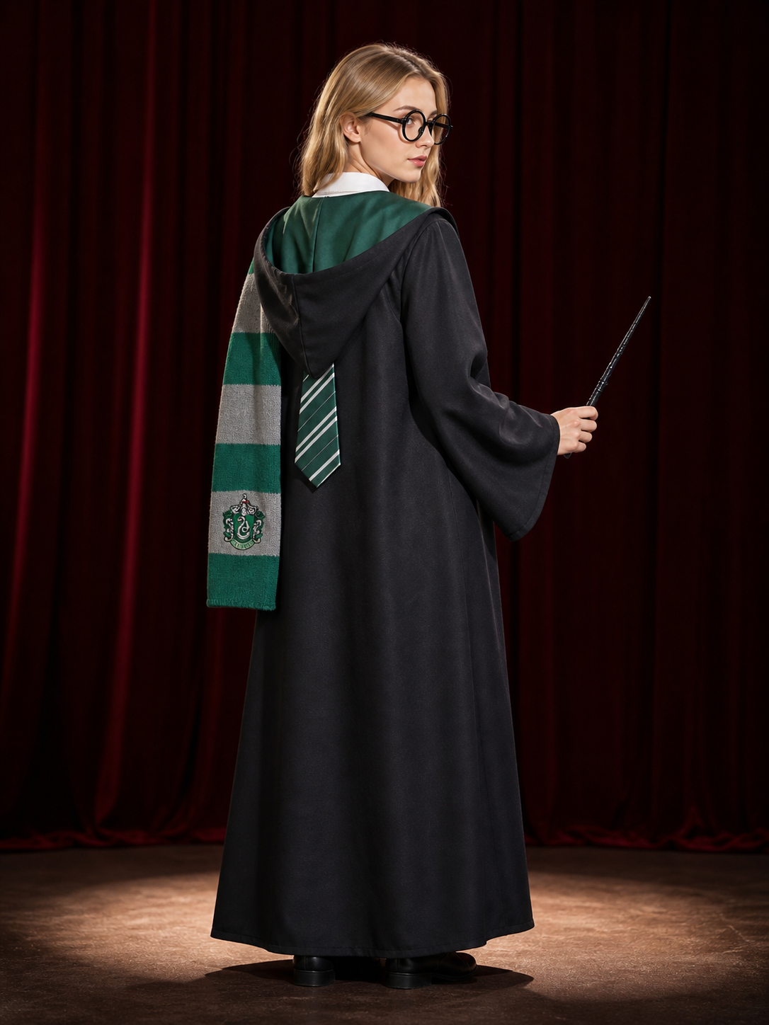 Slytherin Wizard Robe Costume Set for Halloween with Scarf, Tie, Glasses & Wand