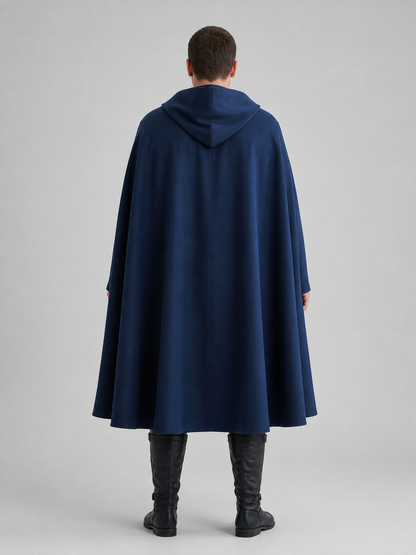 Medieval Long Blue Hooded Cloak for Adults back view