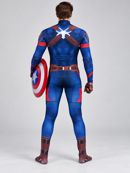 Superhero costume, red jumpsuit with mask and shield